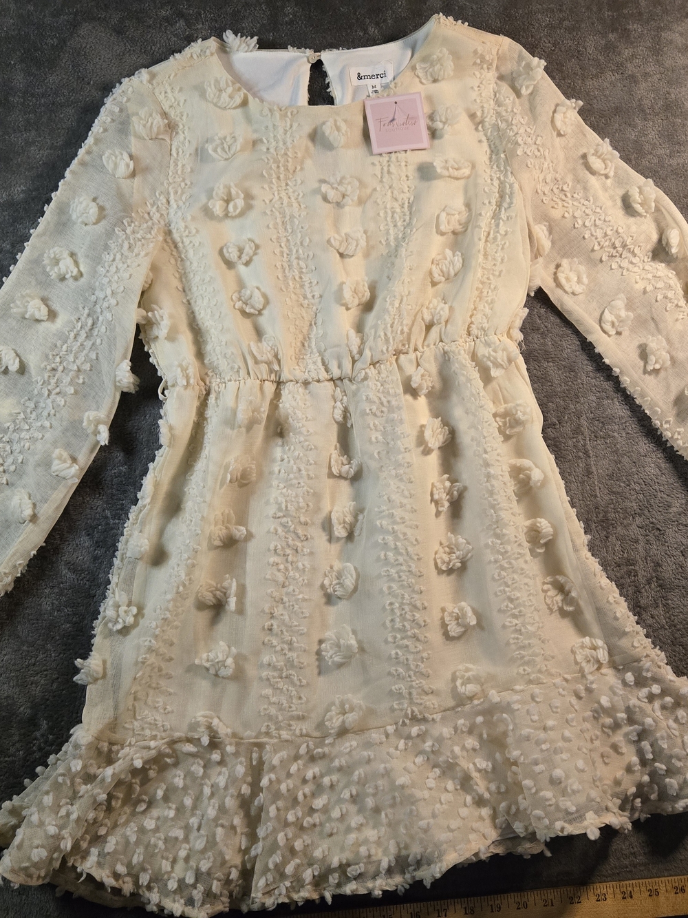 Meri Meri Cream Mini Dress with Textured Floral Appliqués